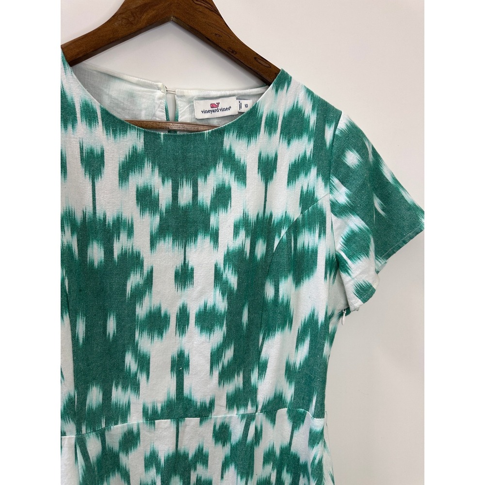 Vineyard Vines Green White Ikat Print Fit & Flare Short Sleeve Dress Size 10 - Picture 4 of 13